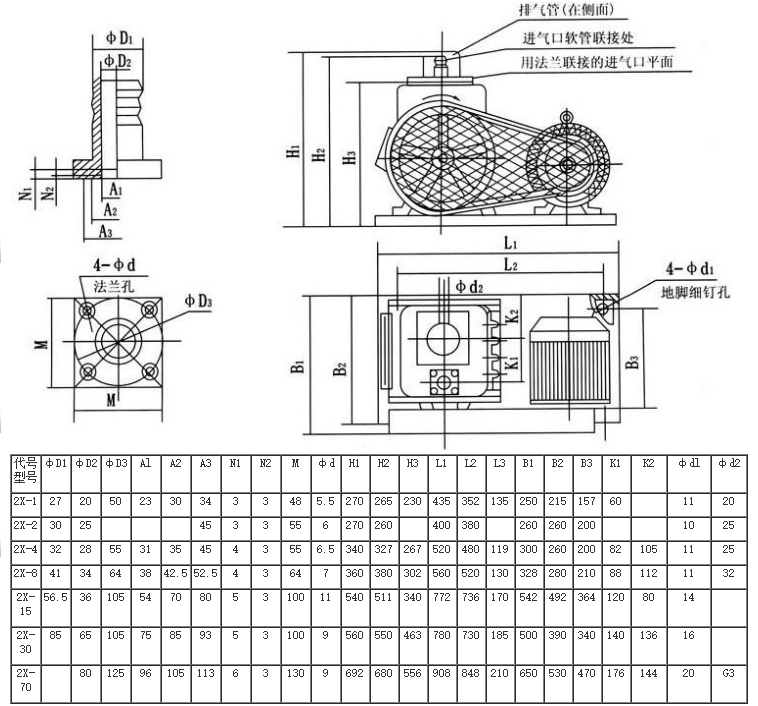 2X型旋片式真空泵安裝尺寸圖