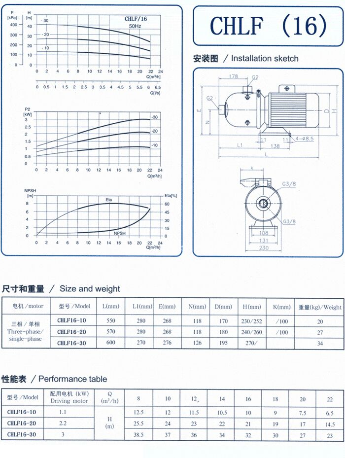 CHLF輕型立式不銹鋼多級(jí)離心泵安裝圖、尺寸、性能