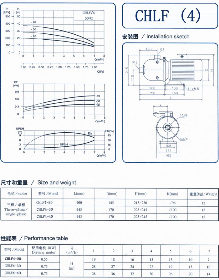 CHLF輕型立式不銹鋼多級(jí)離心泵安裝圖、尺寸、性能