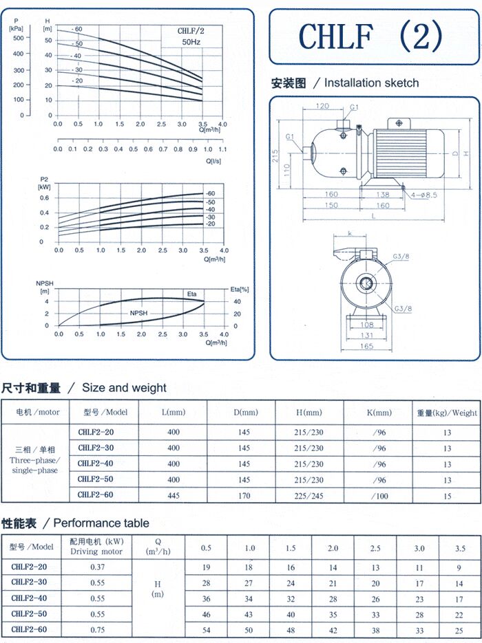 CHLF輕型立式不銹鋼多級(jí)離心泵安裝圖、尺寸、性能