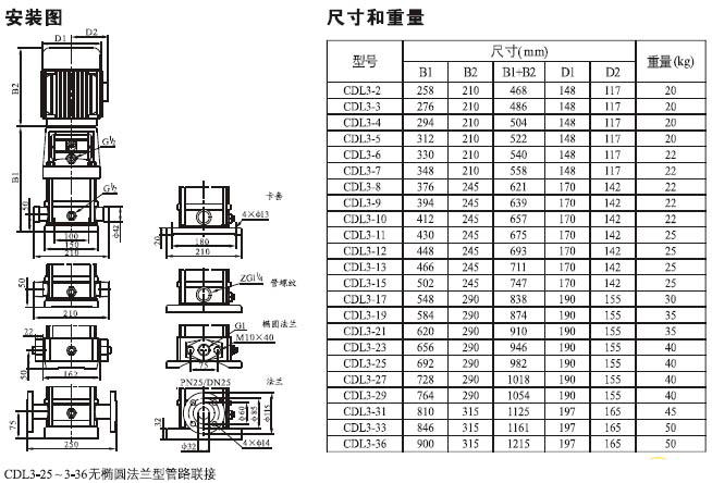 CDLF系列輕型不銹鋼立式多級泵安裝尺寸及重量